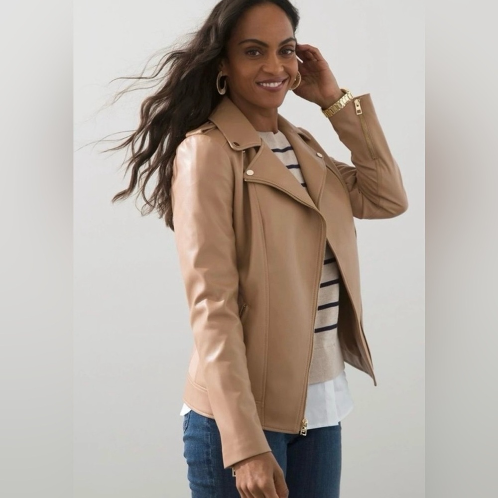 Vegan leather Moto jacket and a warm tan color size 0 from Chico’s.